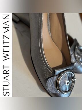 Stuart Weitzman Metallic Leather Silver Buckle Flats